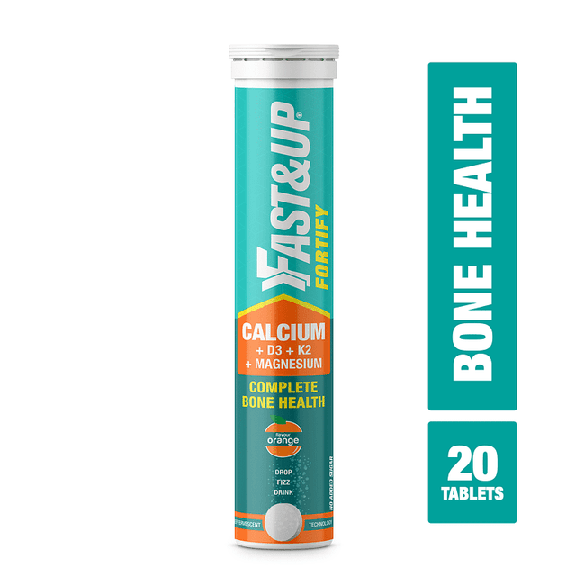 Fast & Up Fortify - Calcium with Essential Vitamin D3 for Complete Health Support - Vitamin D3, Calcium & Magnesium Combination for Better Absorption (20 Effervescent Tablets, Orange Flavour)