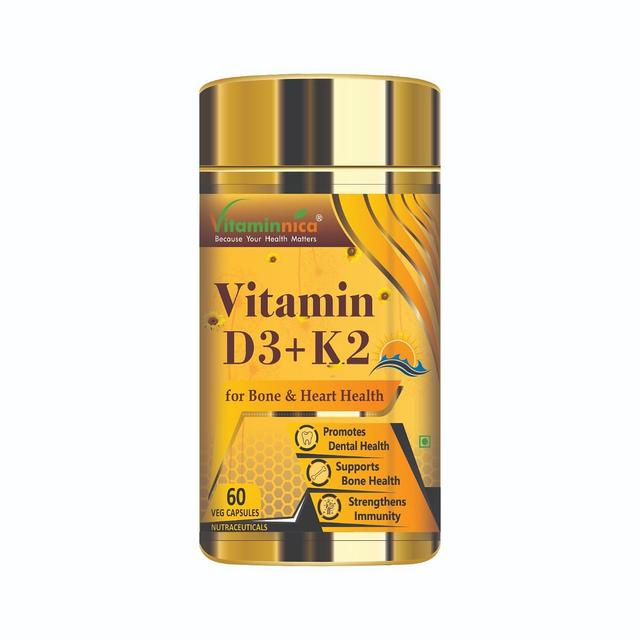 Vitaminnica D3 + K2 For Bone & Hearth Health | Promotes Dental Health, Supports Bone Health & Strengthens Immunity | 60 Veg Capsules