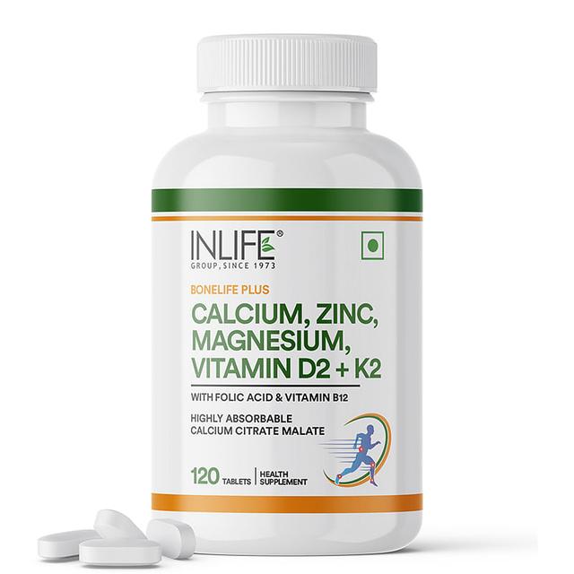 INLIFE Calcium Magnesium Zinc Vitamin D K2 Folic Acid & B12 Veg Tablets, Bone & Joint Support Supplement | Calcium Supplement for Women Men - 120 Tablets