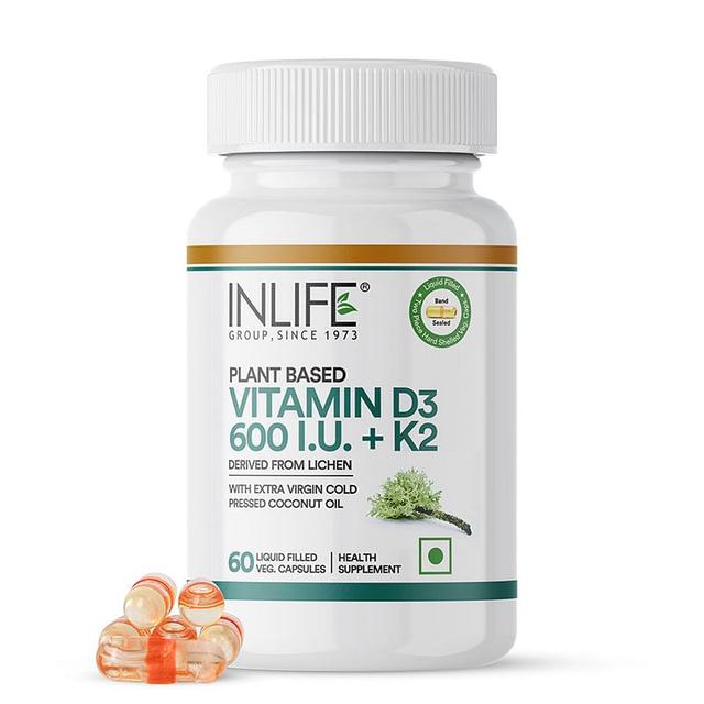 INLIFE Plant Based Vegan Vitamin D3 K2 Supplement, Lichen Source D3 with Natural Organic Extra Virgin Cold Pressed Coconut Oil for Bone Health & Immune Support, 600 IU - 60 Vegan Capsules
