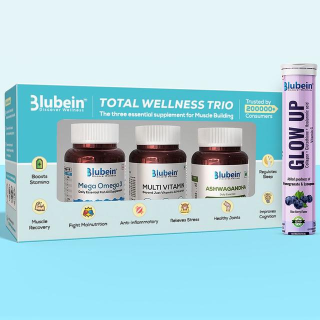 Blubein Ultimate 4-in-1 Combo |Omega 3 Fish oil Capsules 60N | Multivitamin 60N | Ashwagandha 60N| L- Glutathione 15N