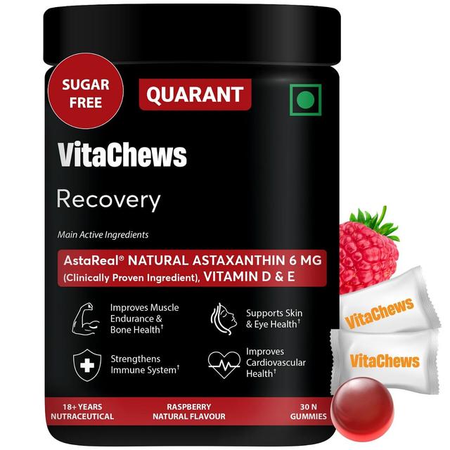 QUARANT VitaChews AstaReal Natural Astaxanthin 6 mg Recovery Supplement with Vitamin D & E for Muscle Endurance, Immunity, Skin, Eye, Bone & Heart Health, 30 Sugar Free Gummies, Raspberry Flavour